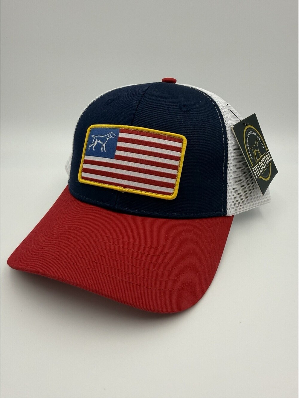 Fieldstone Trucker Hat Snapback Patch American Flag Red White Blue Dog Hunt NWT